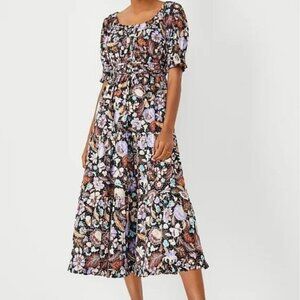 Ann Taylor Batik Autumn Leaves Midi Flare Dress
